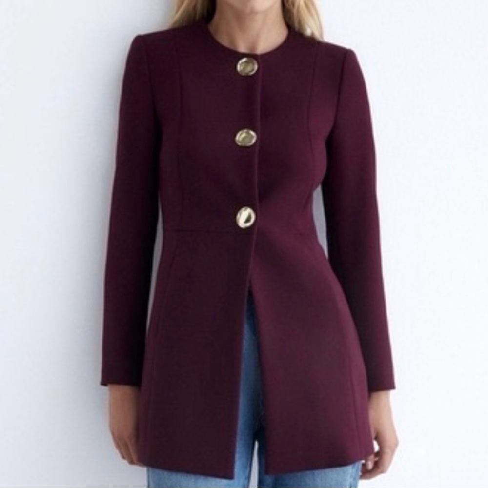 Zara Plum Tailored Frock Coat Long Blazer with Gold Metal Buttons Size XS​